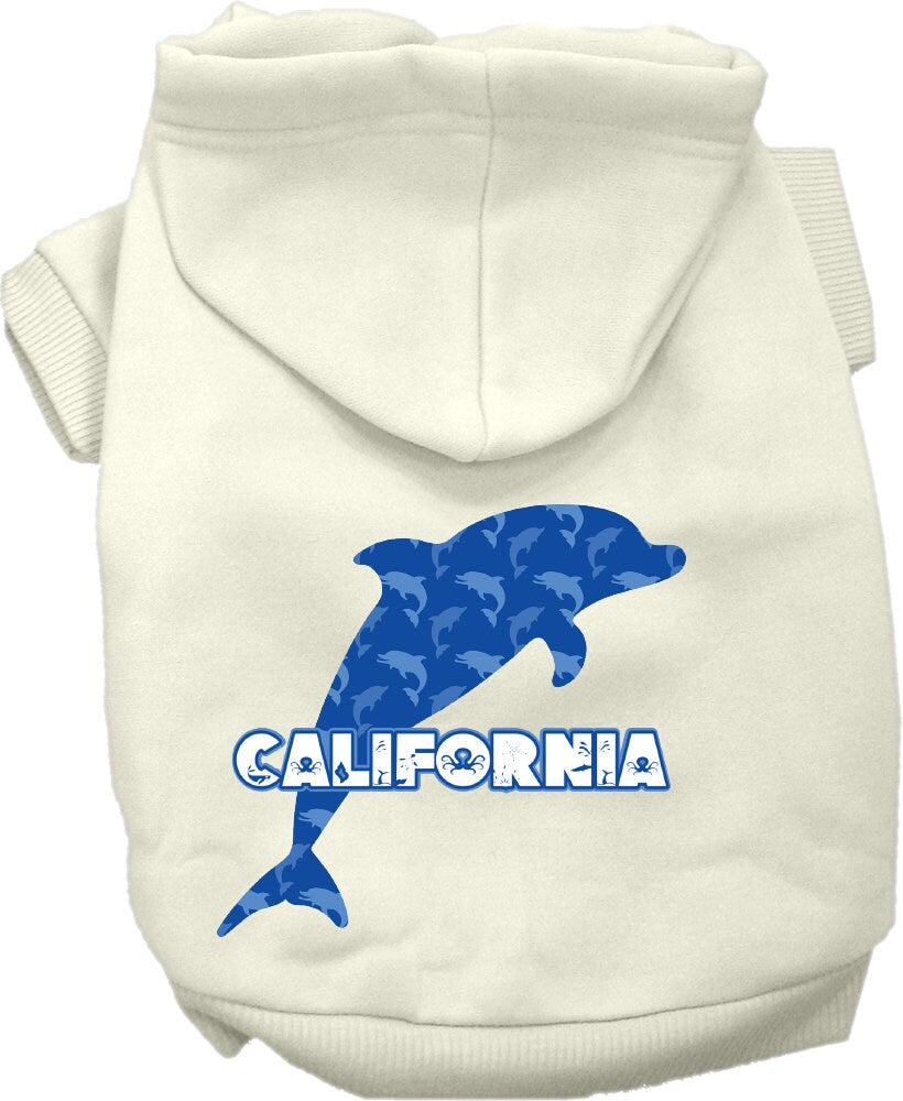 A medium to large pet wearing a California Blue Dolphins screen printed hoodie, showcasing its vibrant design and comfortable fit.