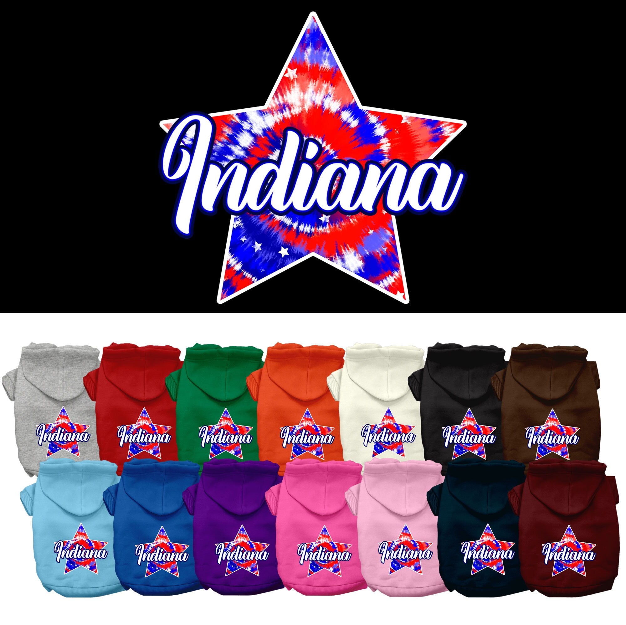 A medium to large pet wearing a stylish Indiana Patriotic Tie Dye hoodie, showcasing its vibrant colors and comfortable fit.