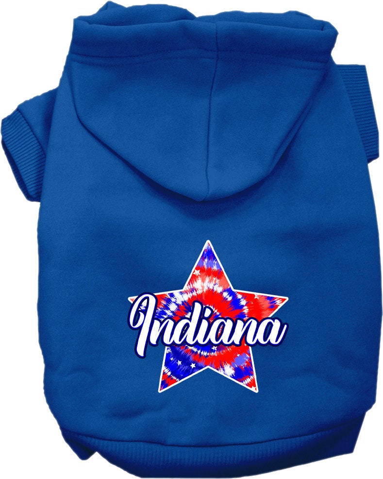 A medium to large pet wearing a stylish Indiana Patriotic Tie Dye hoodie, showcasing its vibrant colors and comfortable fit.