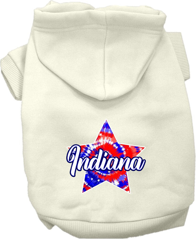 A medium to large pet wearing a stylish Indiana Patriotic Tie Dye hoodie, showcasing its vibrant colors and comfortable fit.