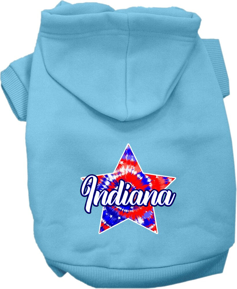 A medium to large pet wearing a stylish Indiana Patriotic Tie Dye hoodie, showcasing its vibrant colors and comfortable fit.