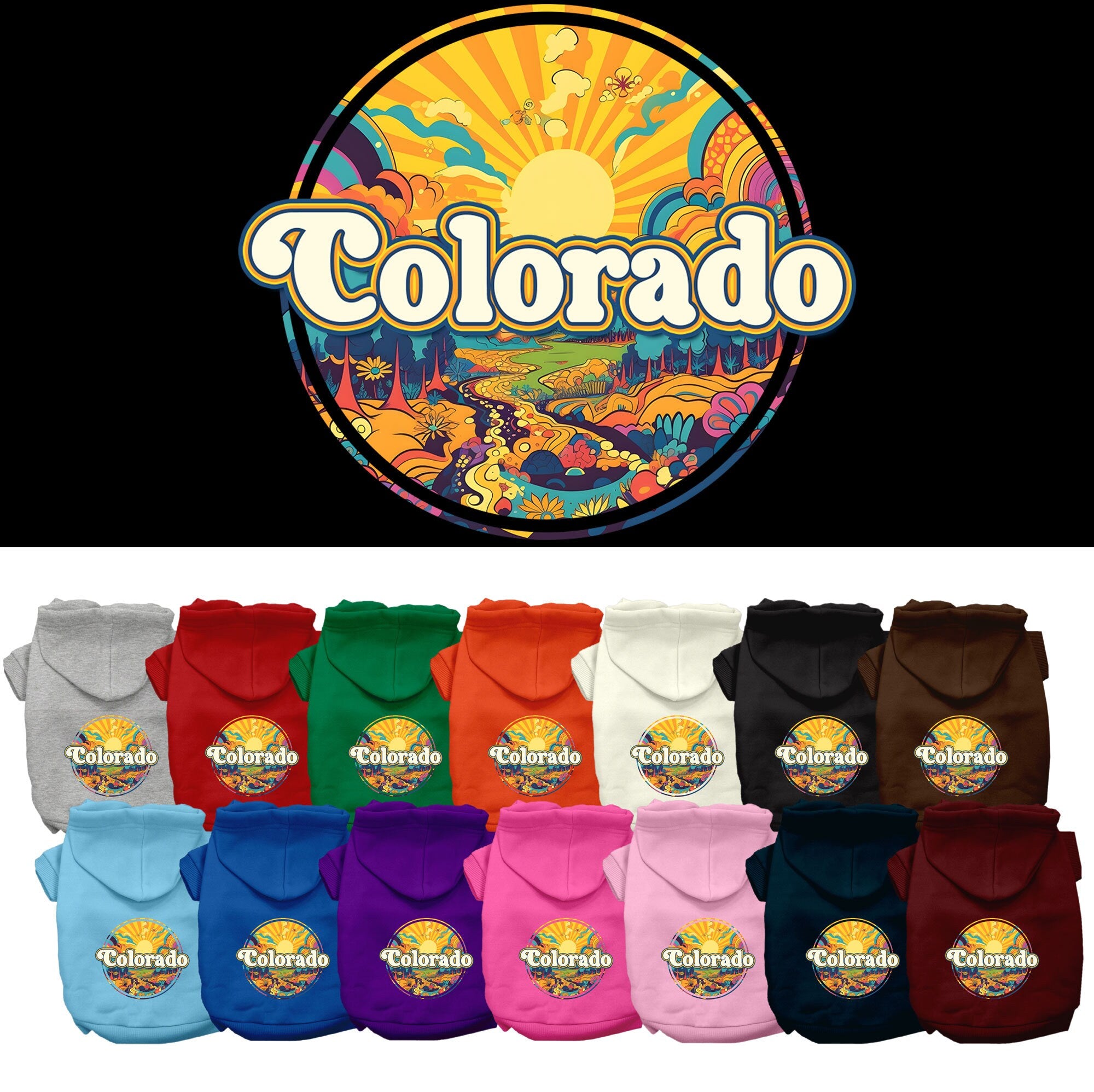 A medium to large pet wearing a Colorado Trippy Peaks screen printed hoodie, showcasing vibrant colors and a stylish design.