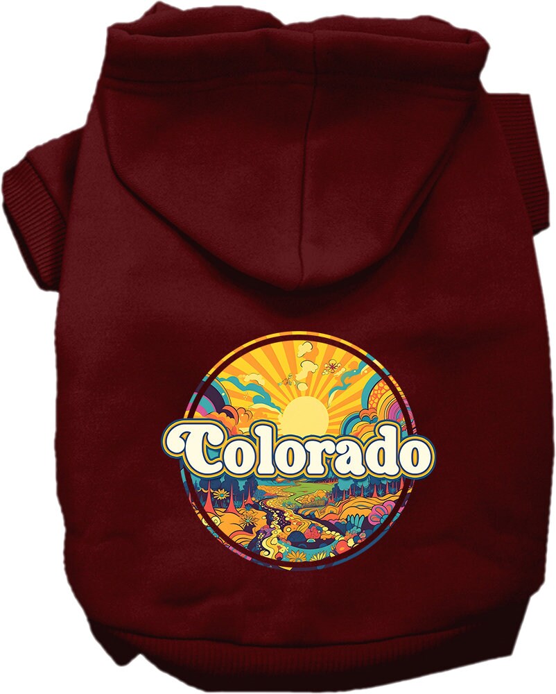 A medium to large pet wearing a Colorado Trippy Peaks screen printed hoodie, showcasing vibrant colors and a stylish design.