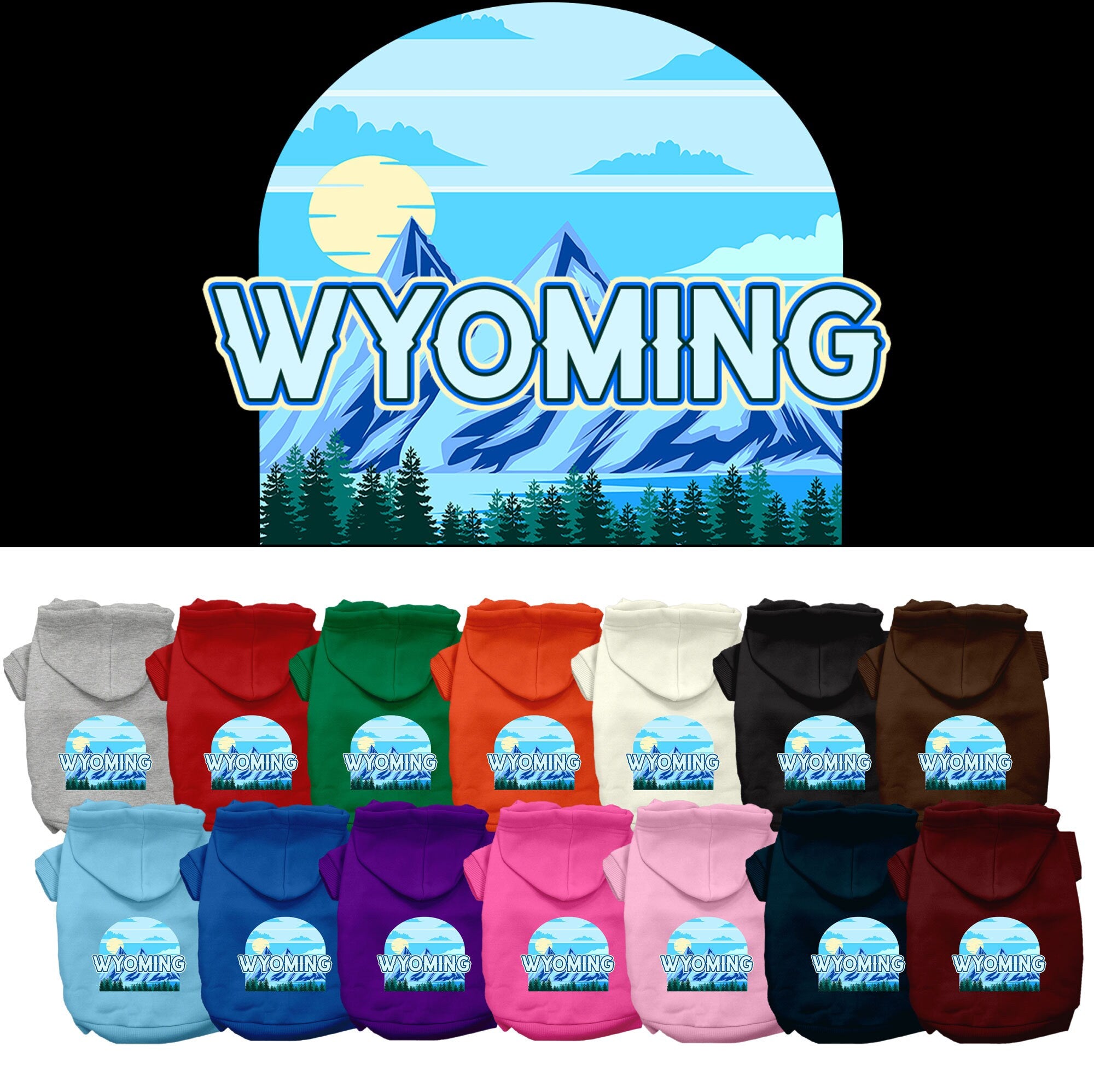 A medium to large pet wearing a Wyoming Trailblazer screen printed hoodie, showcasing its soft fabric and stylish design.