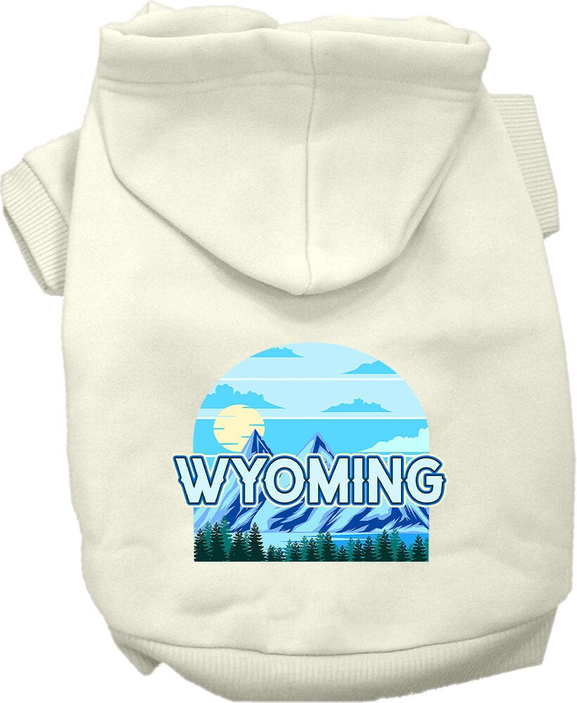 A medium to large pet wearing a Wyoming Trailblazer screen printed hoodie, showcasing its soft fabric and stylish design.