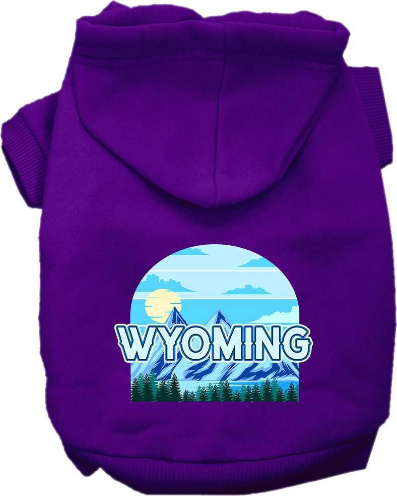 A medium to large pet wearing a Wyoming Trailblazer screen printed hoodie, showcasing its soft fabric and stylish design.