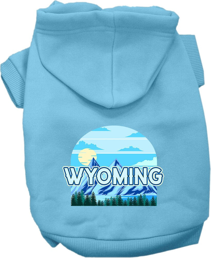 A medium to large pet wearing a Wyoming Trailblazer screen printed hoodie, showcasing its soft fabric and stylish design.