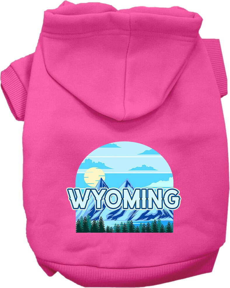 A medium to large pet wearing a Wyoming Trailblazer screen printed hoodie, showcasing its soft fabric and stylish design.