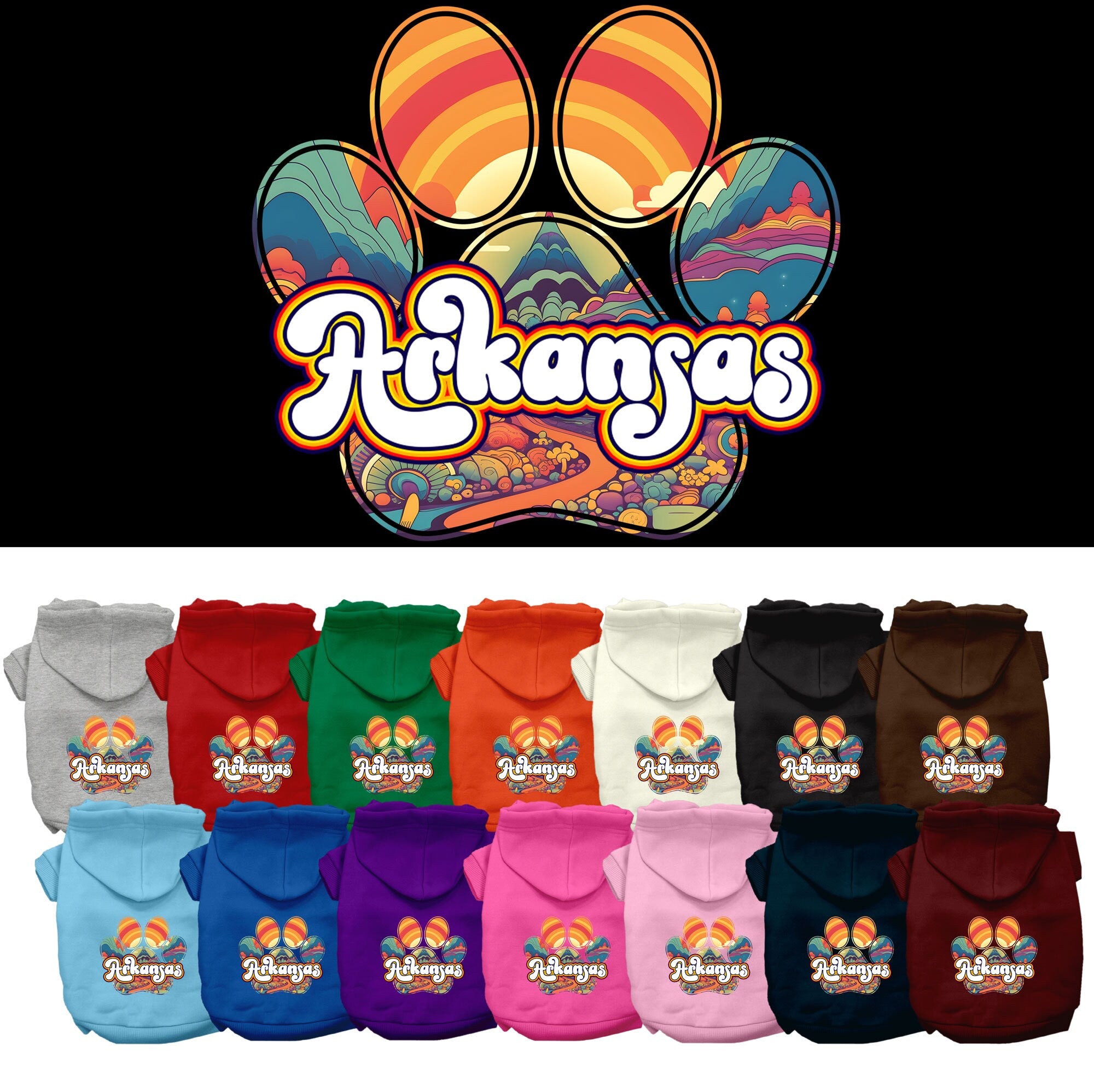 A cozy screen printed hoodie for medium to large pets, featuring a unique Arkansas Groovy Summit design, perfect for dogs and cats.