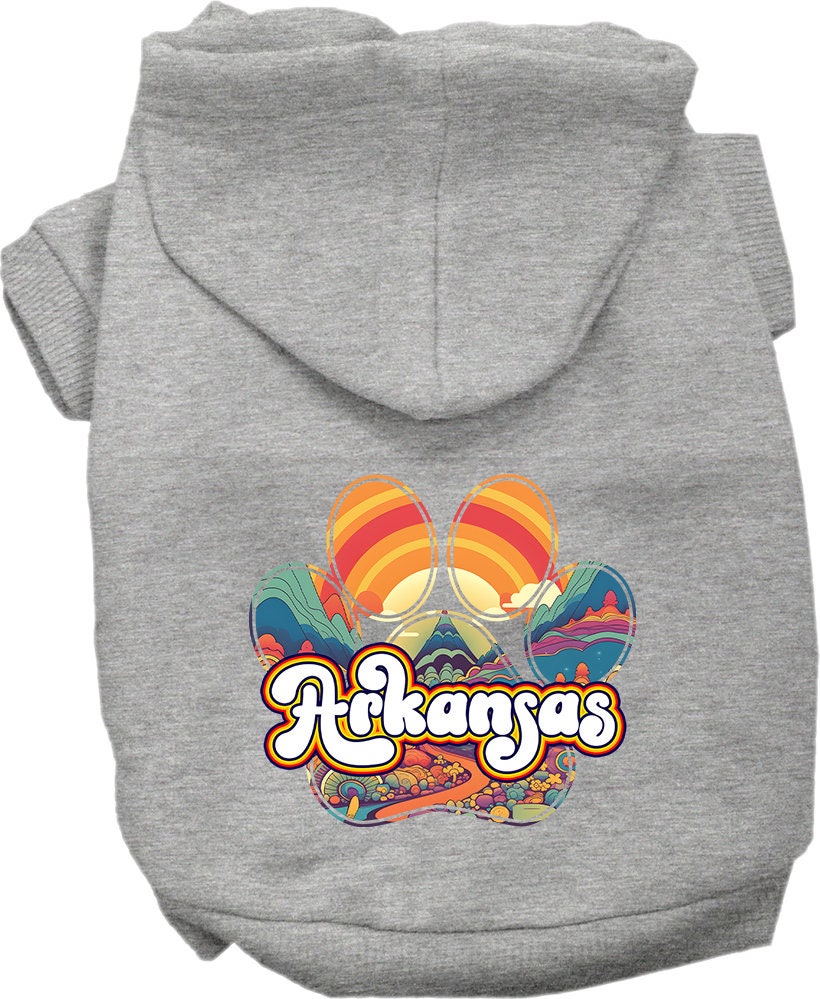 A cozy screen printed hoodie for medium to large pets, featuring a unique Arkansas Groovy Summit design, perfect for dogs and cats.