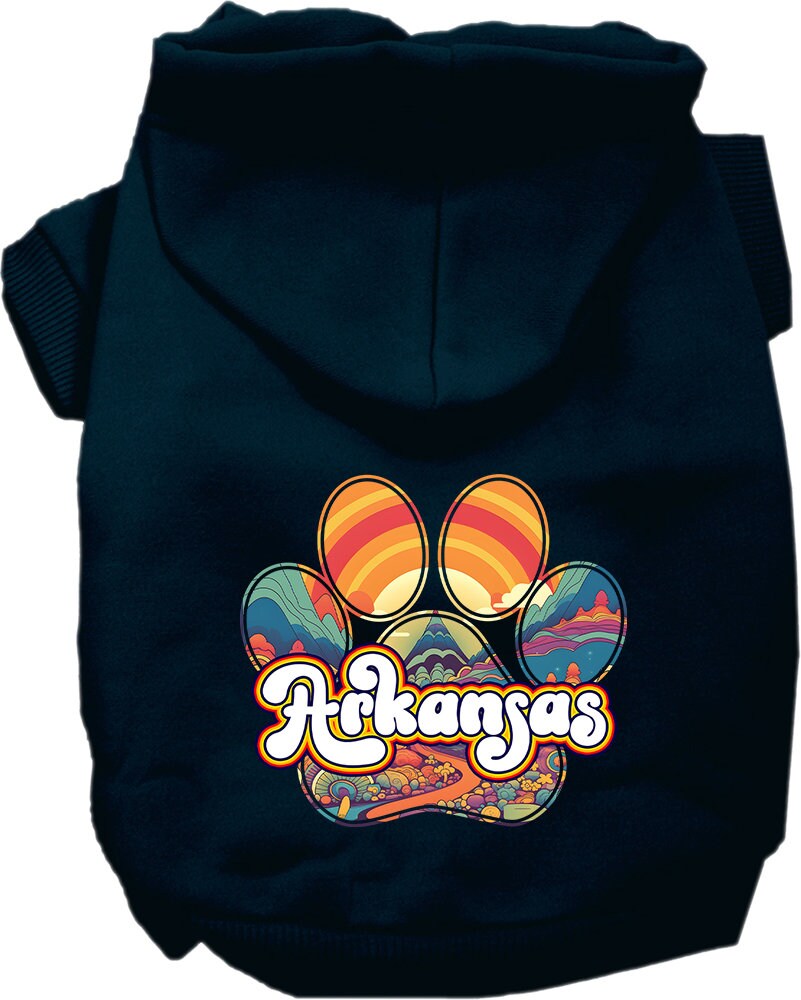 A cozy screen printed hoodie for medium to large pets, featuring a unique Arkansas Groovy Summit design, perfect for dogs and cats.