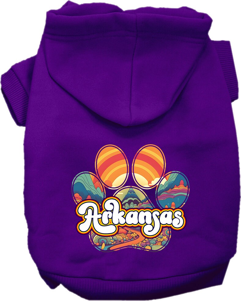 A cozy screen printed hoodie for medium to large pets, featuring a unique Arkansas Groovy Summit design, perfect for dogs and cats.