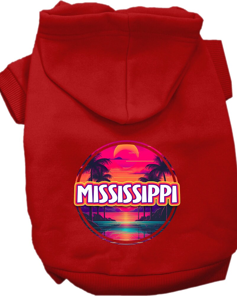 A vibrant screen printed hoodie for medium to large pets featuring a Mississippi Neon Beach Sunset design, showcasing its soft fabric and leash access hole.
