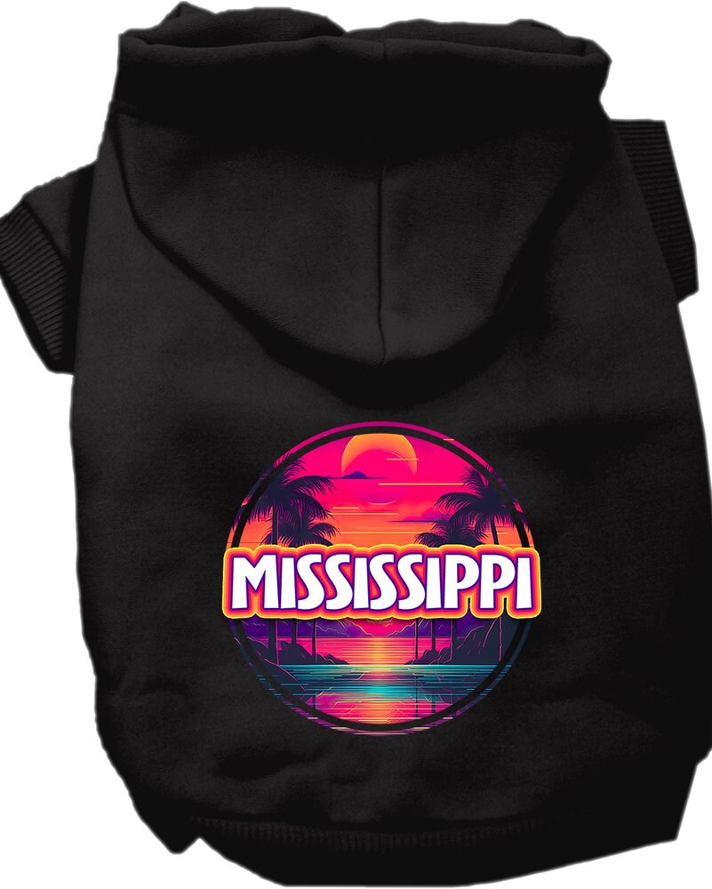 A vibrant screen printed hoodie for medium to large pets featuring a Mississippi Neon Beach Sunset design, showcasing its soft fabric and leash access hole.