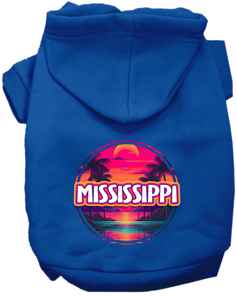 A vibrant screen printed hoodie for medium to large pets featuring a Mississippi Neon Beach Sunset design, showcasing its soft fabric and leash access hole.