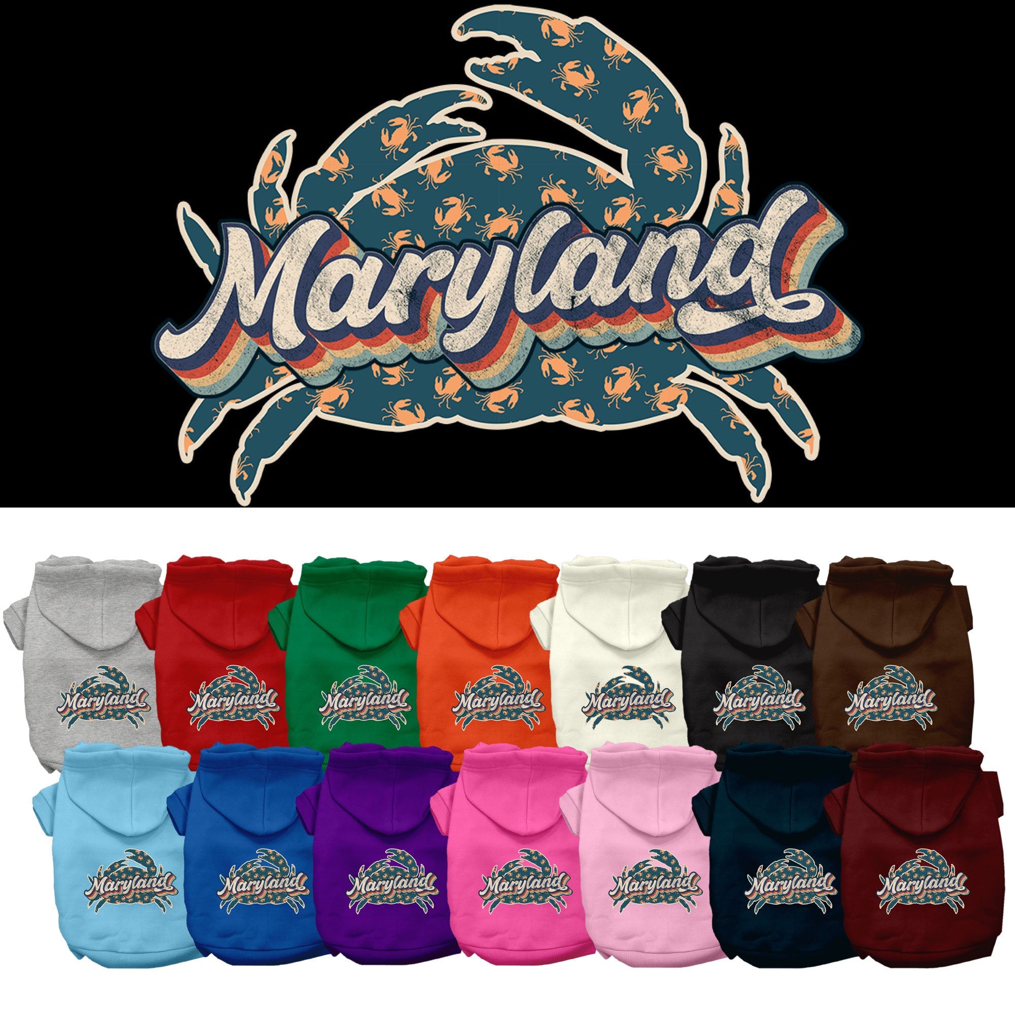 A cozy pet hoodie for medium to large dogs and cats, featuring a Maryland Retro Crabs design, showcasing its soft fabric and durable stitching.