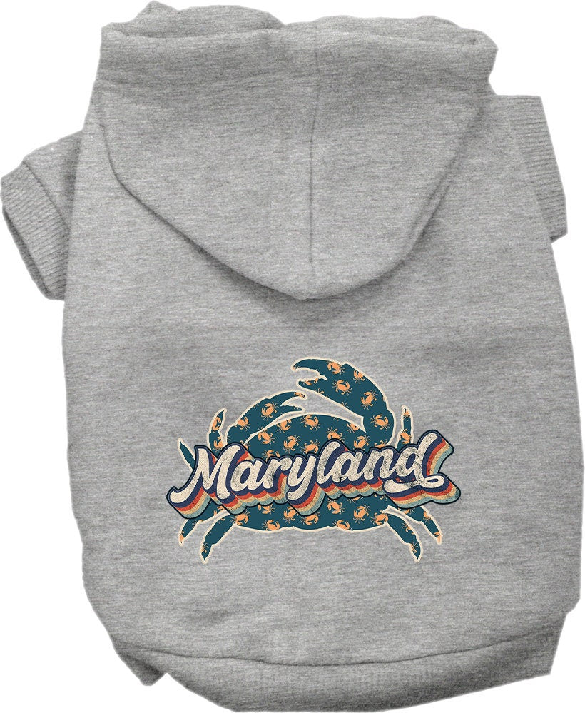 A cozy pet hoodie for medium to large dogs and cats, featuring a Maryland Retro Crabs design, showcasing its soft fabric and durable stitching.