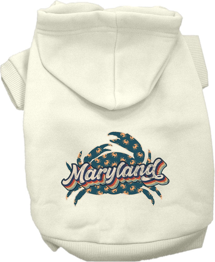 A cozy pet hoodie for medium to large dogs and cats, featuring a Maryland Retro Crabs design, showcasing its soft fabric and durable stitching.