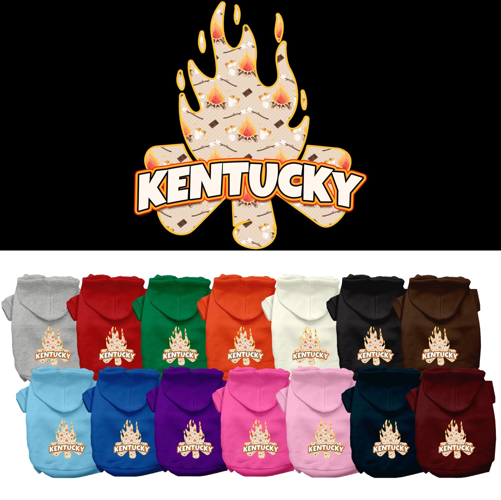 A cozy screen printed hoodie for medium to large pets, featuring a 'Kentucky Around The Campfire' design, perfect for dogs and cats.