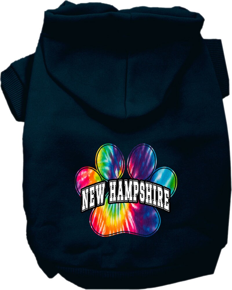 A vibrant New Hampshire Bright Tie Dye hoodie for medium to large dogs and cats, showcasing its soft fabric and convenient leash access hole.