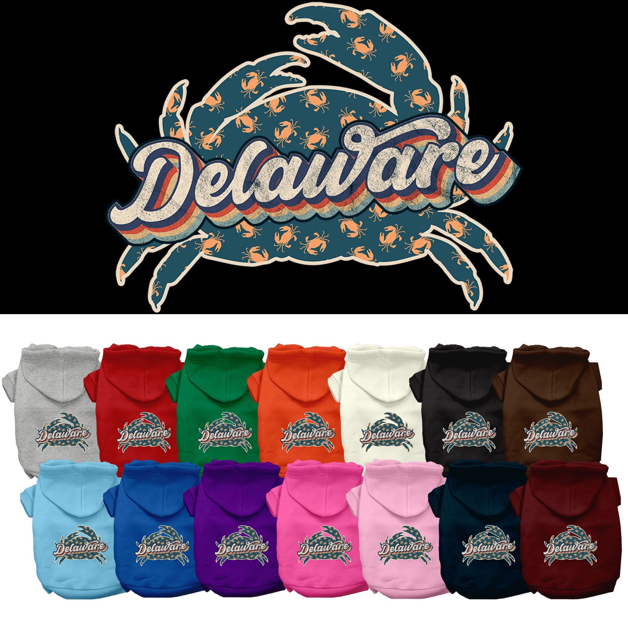 A cozy screen printed hoodie for medium to large pets featuring a Delaware Retro Crabs design, showcasing its soft fabric and durable stitching.