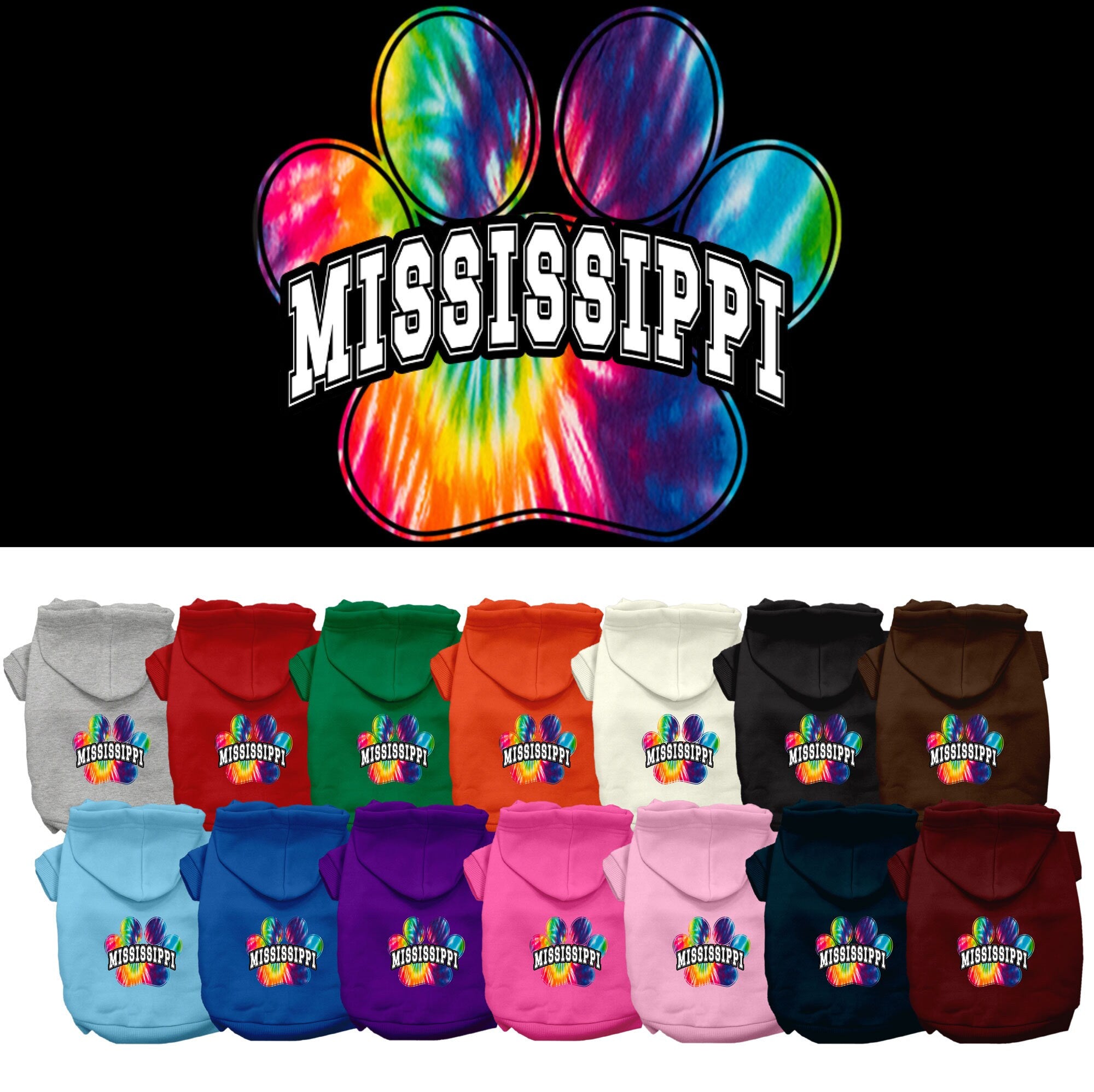 A vibrant Mississippi Bright Tie Dye hoodie designed for medium to large dogs and cats, showcasing its soft fabric and convenient leash access hole.