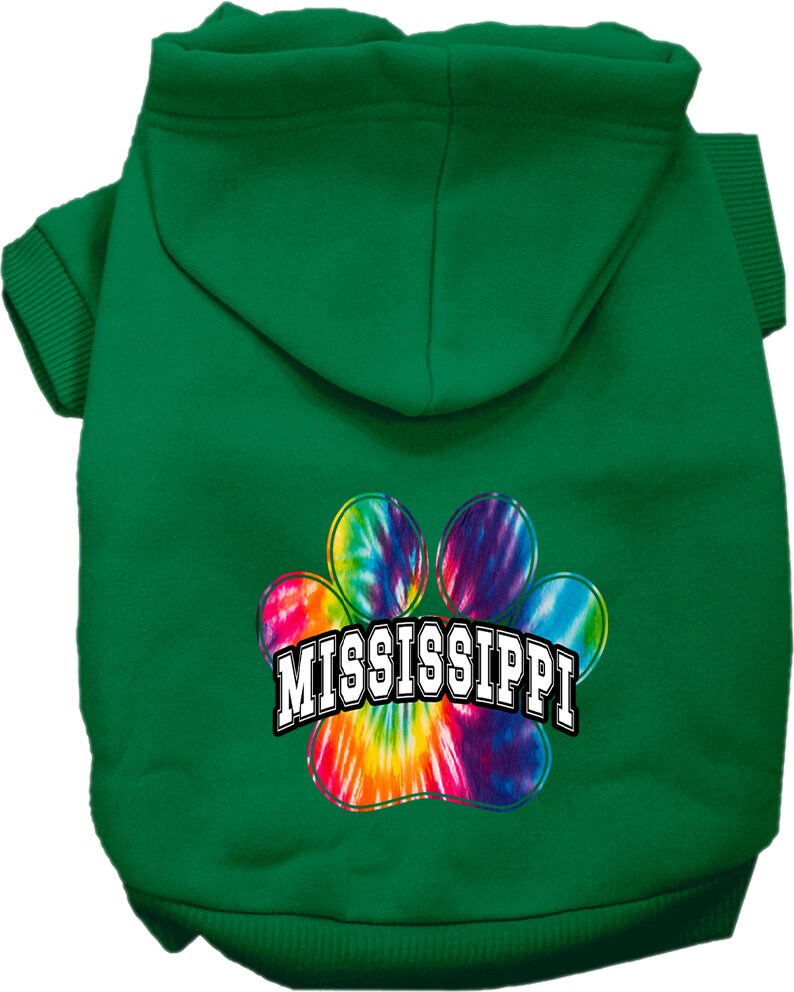 A vibrant Mississippi Bright Tie Dye hoodie designed for medium to large dogs and cats, showcasing its soft fabric and convenient leash access hole.