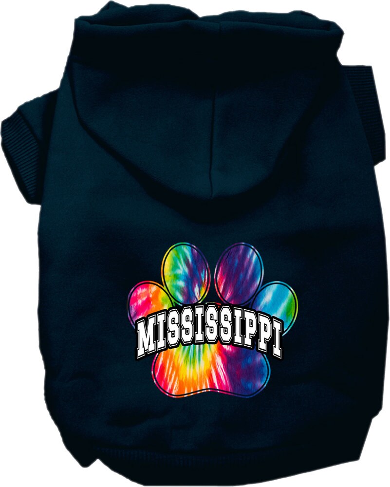 A vibrant Mississippi Bright Tie Dye hoodie designed for medium to large dogs and cats, showcasing its soft fabric and convenient leash access hole.
