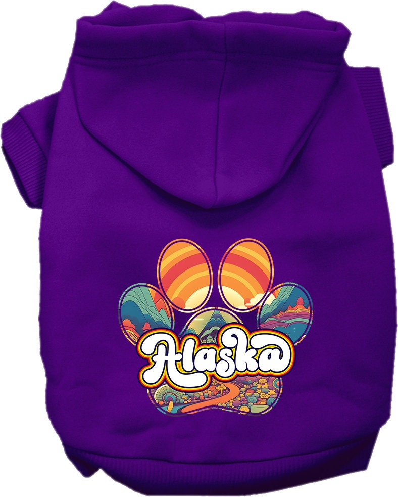 A cozy screen printed hoodie for medium to large pets, featuring the 'Alaska Groovy Summit' design, showcasing its soft fabric and durable stitching.
