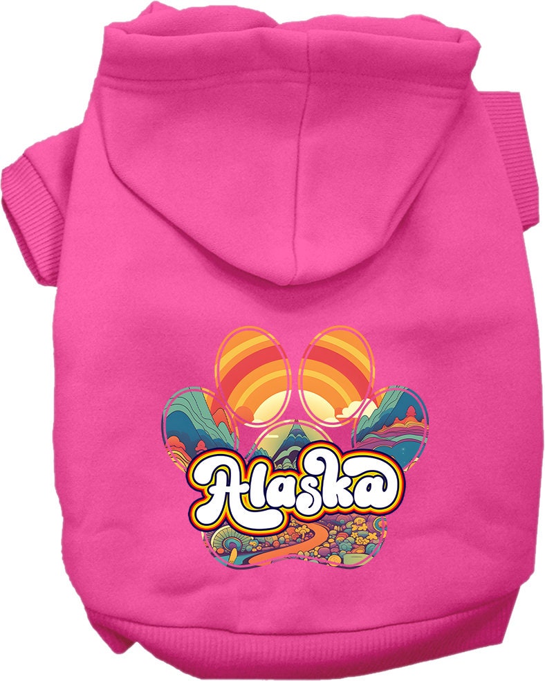 A cozy screen printed hoodie for medium to large pets, featuring the 'Alaska Groovy Summit' design, showcasing its soft fabric and durable stitching.
