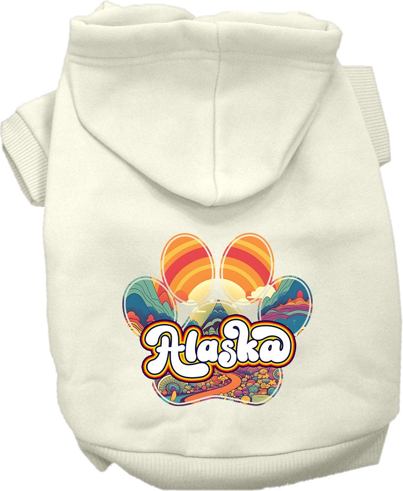 A cozy screen printed hoodie for medium to large pets, featuring the 'Alaska Groovy Summit' design, showcasing its soft fabric and durable stitching.