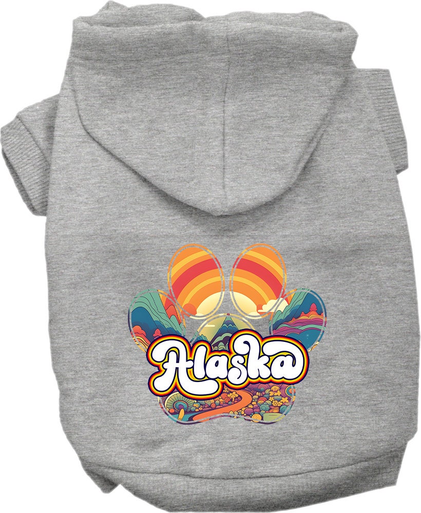 A cozy screen printed hoodie for medium to large pets, featuring the 'Alaska Groovy Summit' design, showcasing its soft fabric and durable stitching.