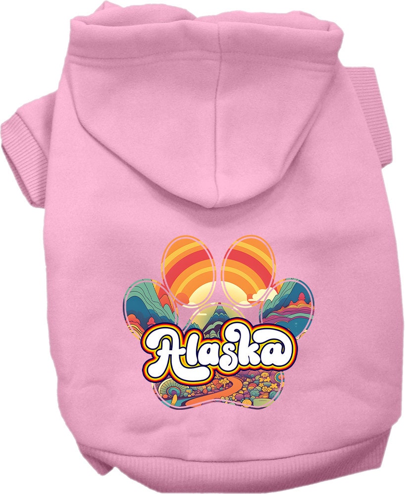 A cozy screen printed hoodie for medium to large pets, featuring the 'Alaska Groovy Summit' design, showcasing its soft fabric and durable stitching.