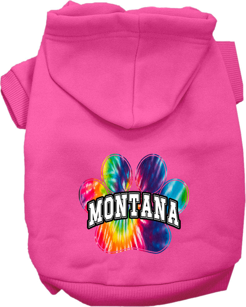 A vibrant Montana Bright Tie Dye hoodie designed for medium to large dogs and cats, showcasing its soft fabric and convenient leash access hole.