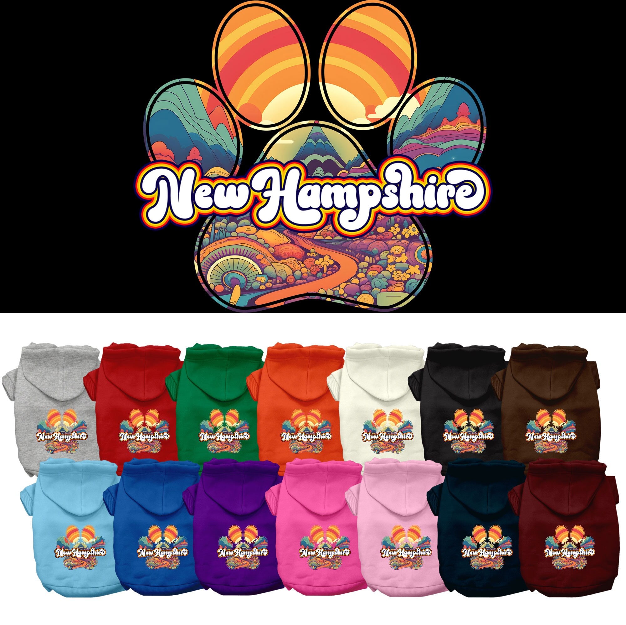 A cozy screen printed hoodie for medium to large pets featuring a 'New Hampshire Groovy Summit' design, showcasing its soft fabric and durable stitching.