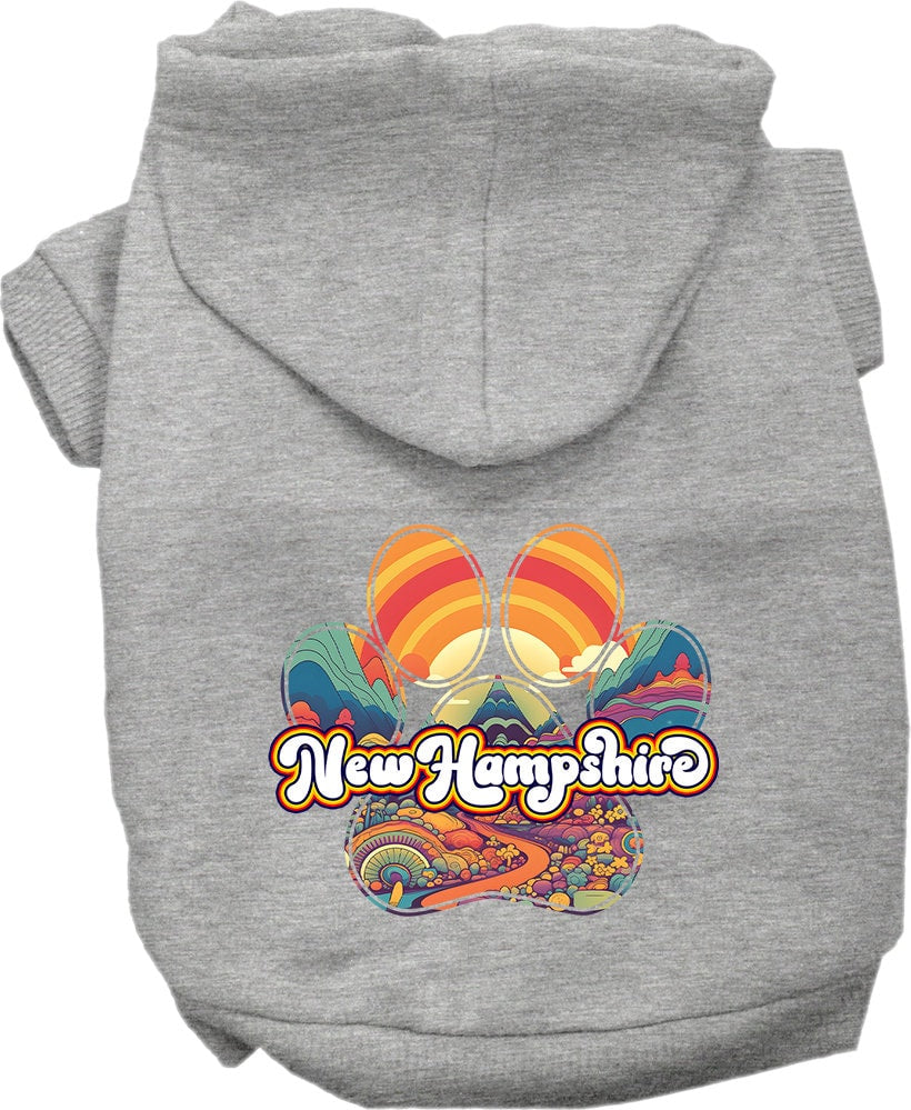 A cozy screen printed hoodie for medium to large pets featuring a 'New Hampshire Groovy Summit' design, showcasing its soft fabric and durable stitching.