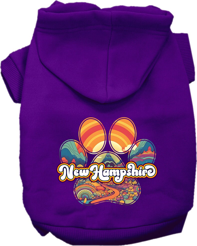 A cozy screen printed hoodie for medium to large pets featuring a 'New Hampshire Groovy Summit' design, showcasing its soft fabric and durable stitching.