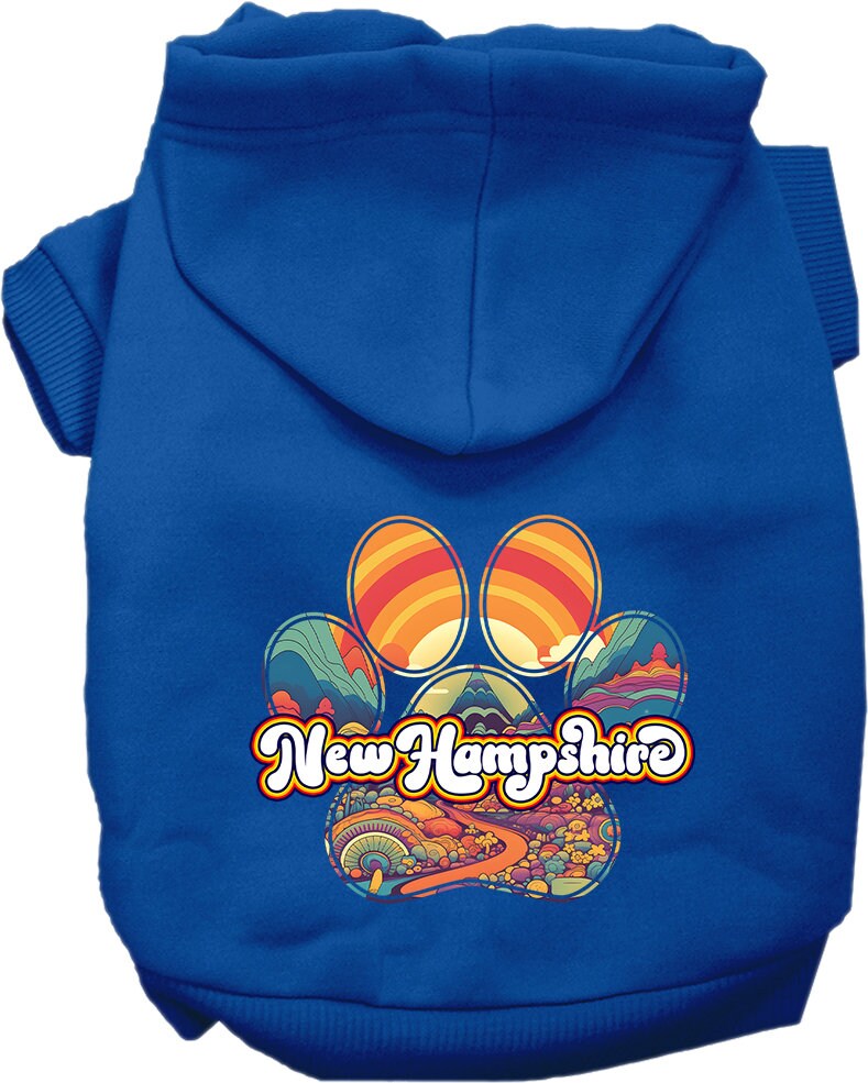 A cozy screen printed hoodie for medium to large pets featuring a 'New Hampshire Groovy Summit' design, showcasing its soft fabric and durable stitching.