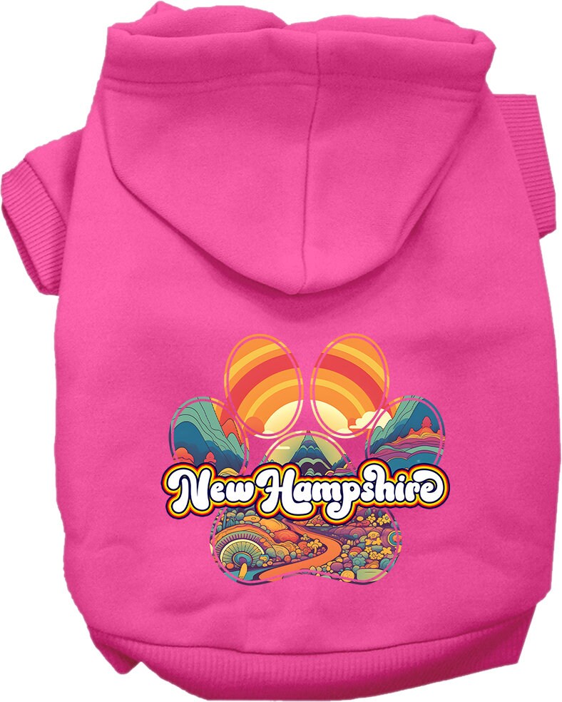 A cozy screen printed hoodie for medium to large pets featuring a 'New Hampshire Groovy Summit' design, showcasing its soft fabric and durable stitching.