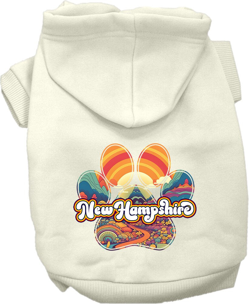 A cozy screen printed hoodie for medium to large pets featuring a 'New Hampshire Groovy Summit' design, showcasing its soft fabric and durable stitching.