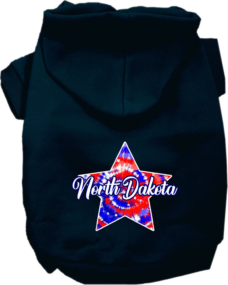 A medium to large pet wearing a soft, warm hoodie with a North Dakota patriotic tie-dye design, showcasing its stylish and comfortable fit.