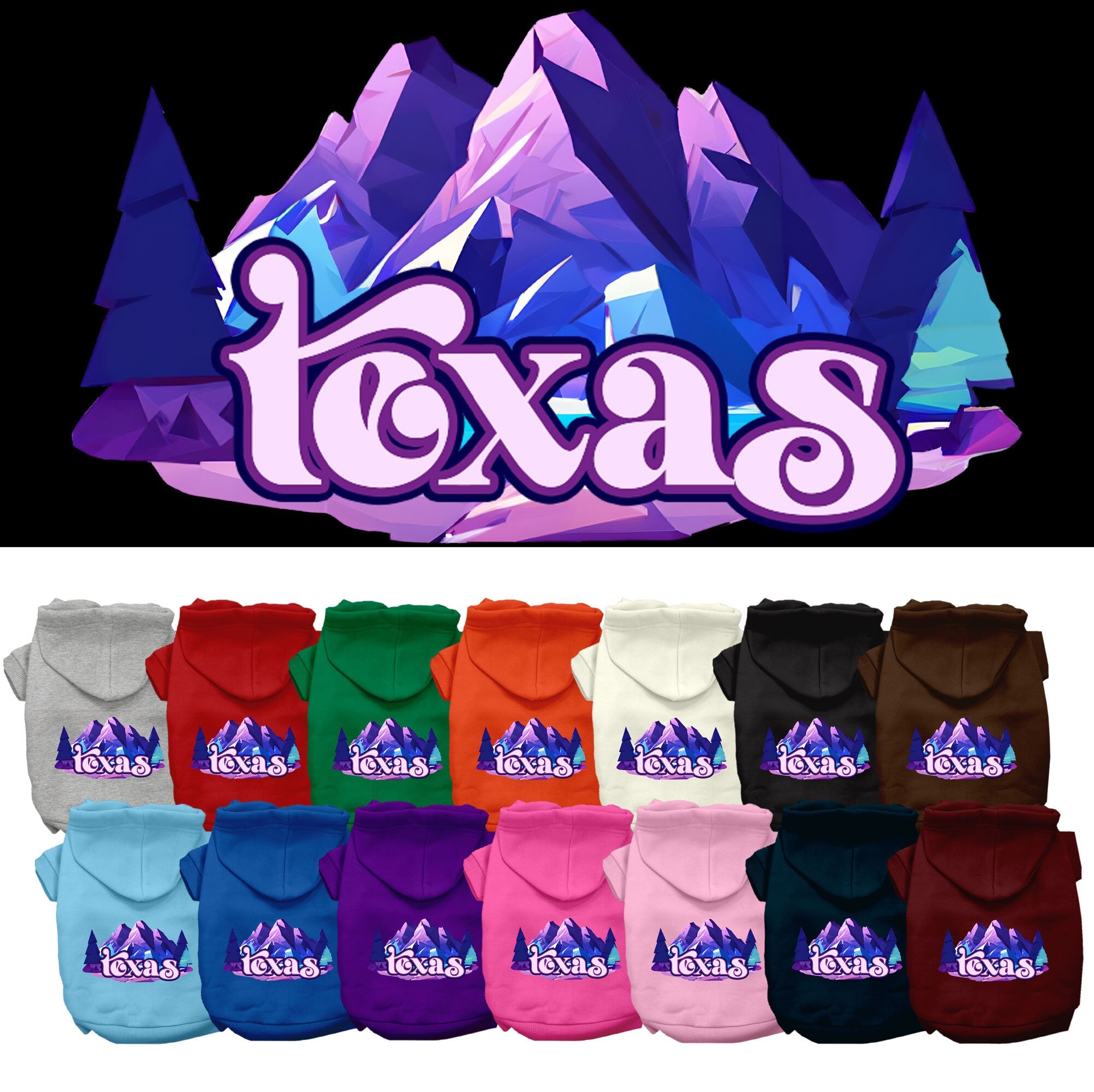 A cozy screen printed hoodie for medium to large pets, featuring a unique Texas Alpine Pawscape design, perfect for dogs and cats.