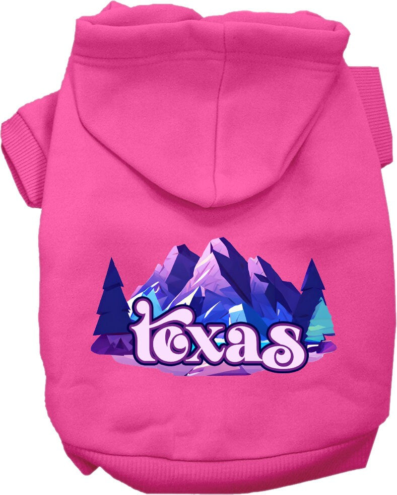 A cozy screen printed hoodie for medium to large pets, featuring a unique Texas Alpine Pawscape design, perfect for dogs and cats.