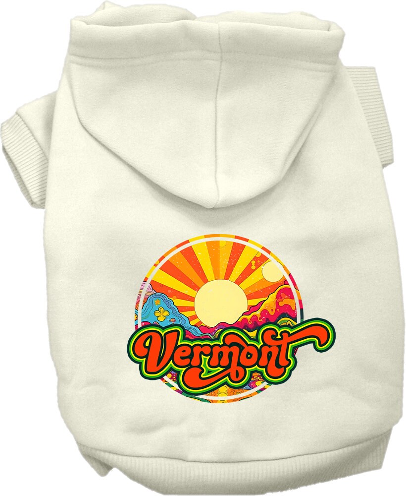 A cozy screen printed hoodie for medium to large pets, featuring a Vermont Mellow Mountain design, perfect for dogs and cats.