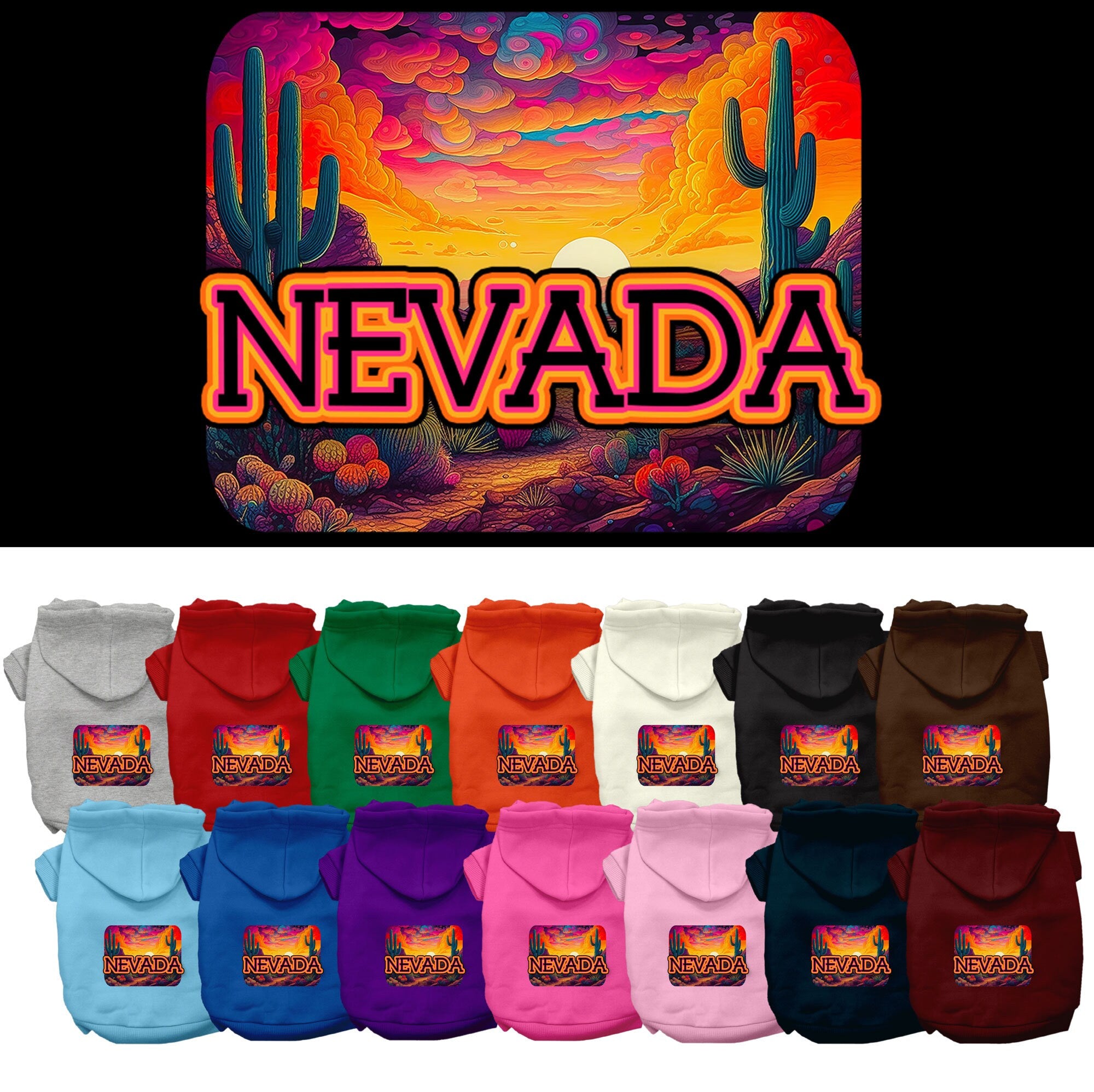 A vibrant 'Nevada Neon Desert' screen printed hoodie for medium to large dogs and cats, showcasing its soft fabric and durable design.