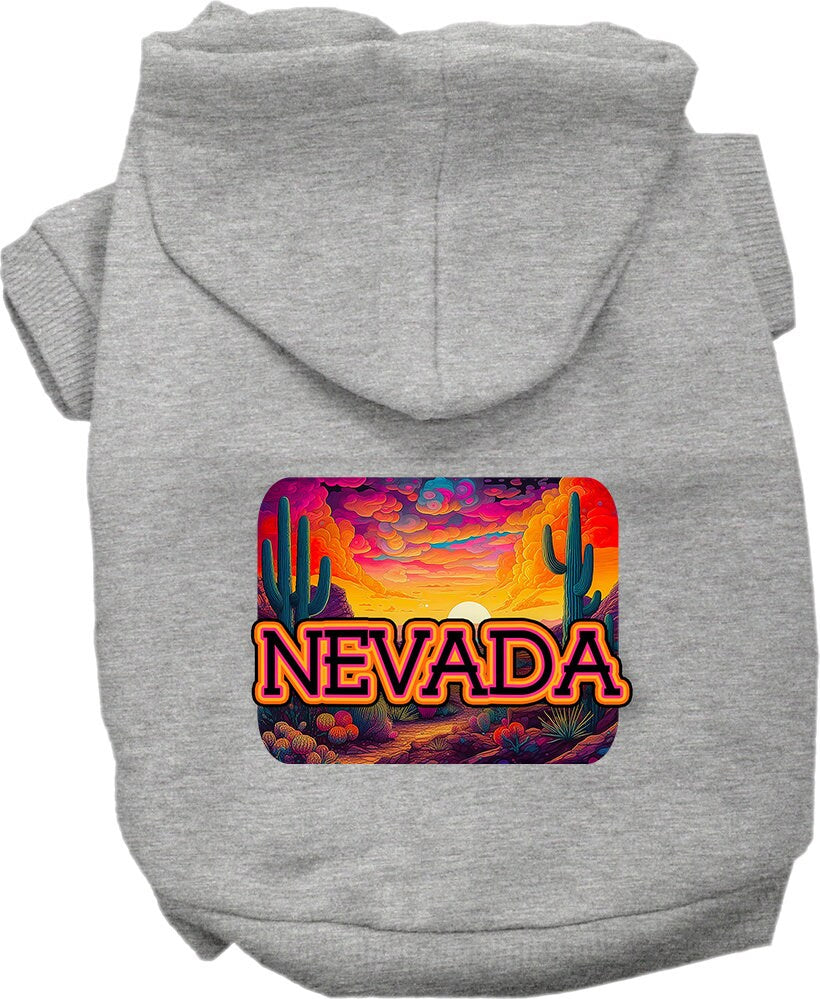 A vibrant 'Nevada Neon Desert' screen printed hoodie for medium to large dogs and cats, showcasing its soft fabric and durable design.
