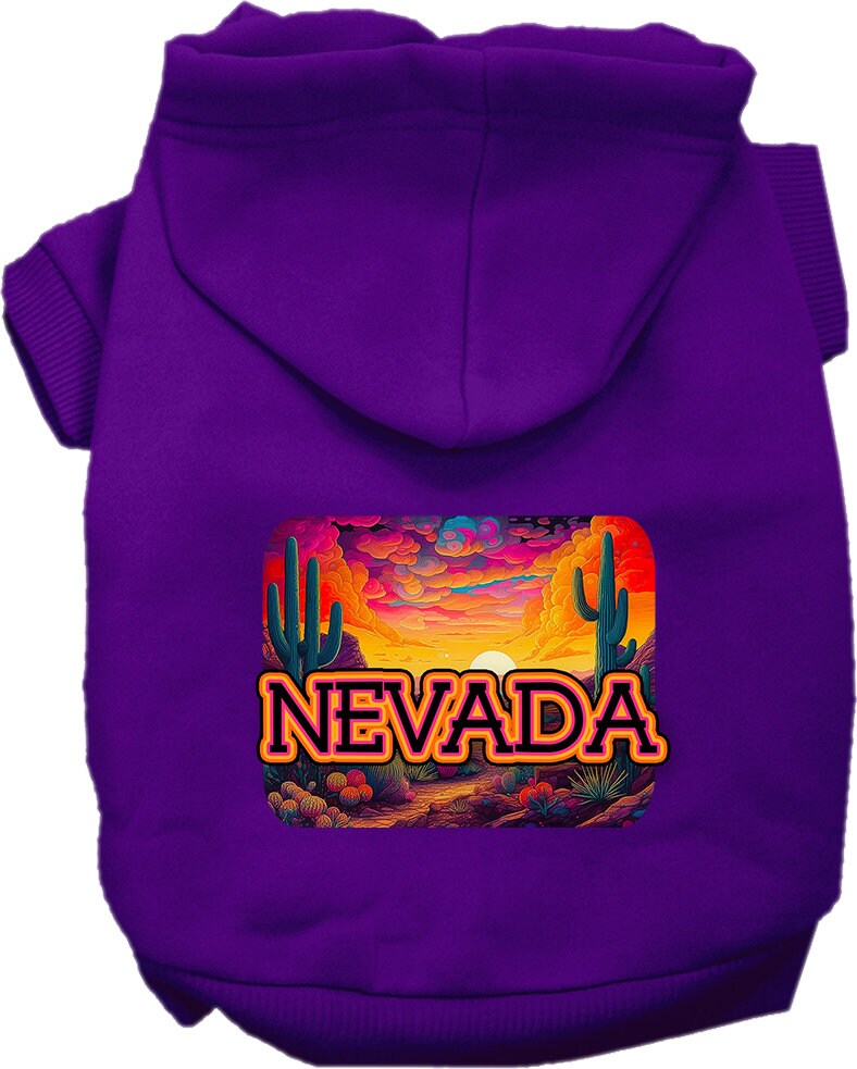 A vibrant 'Nevada Neon Desert' screen printed hoodie for medium to large dogs and cats, showcasing its soft fabric and durable design.