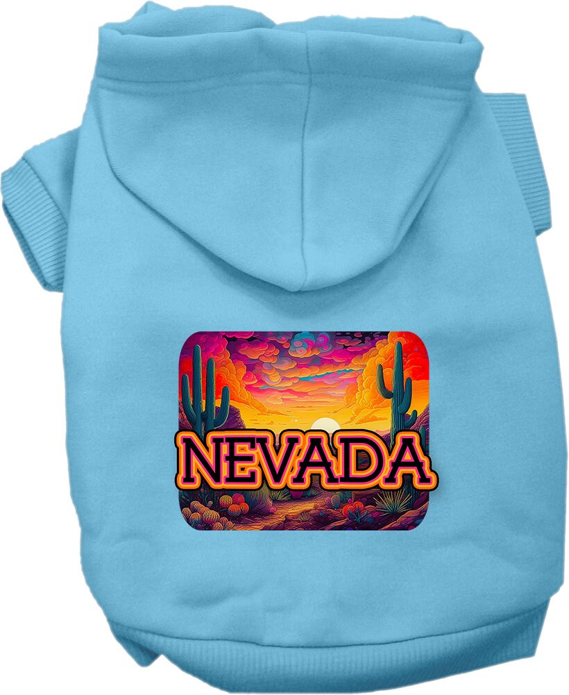 A vibrant 'Nevada Neon Desert' screen printed hoodie for medium to large dogs and cats, showcasing its soft fabric and durable design.