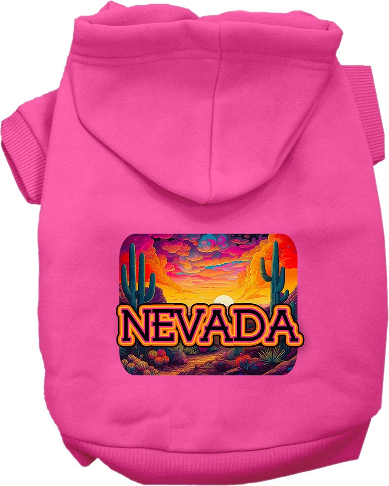 A vibrant 'Nevada Neon Desert' screen printed hoodie for medium to large dogs and cats, showcasing its soft fabric and durable design.
