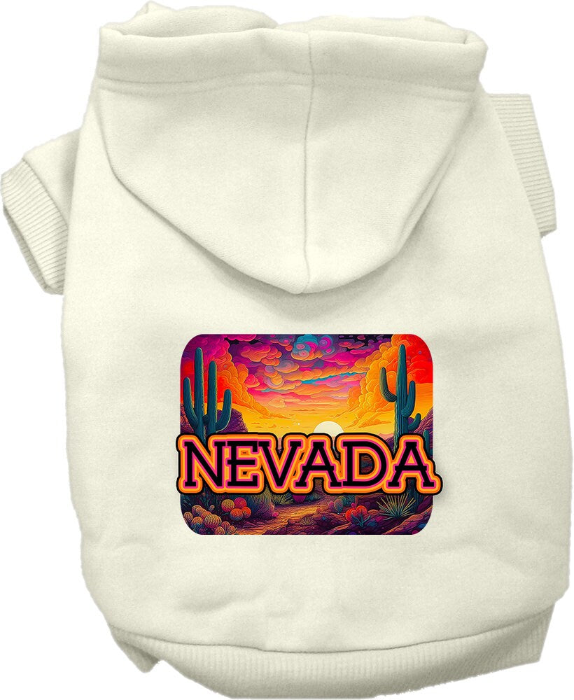 A vibrant 'Nevada Neon Desert' screen printed hoodie for medium to large dogs and cats, showcasing its soft fabric and durable design.